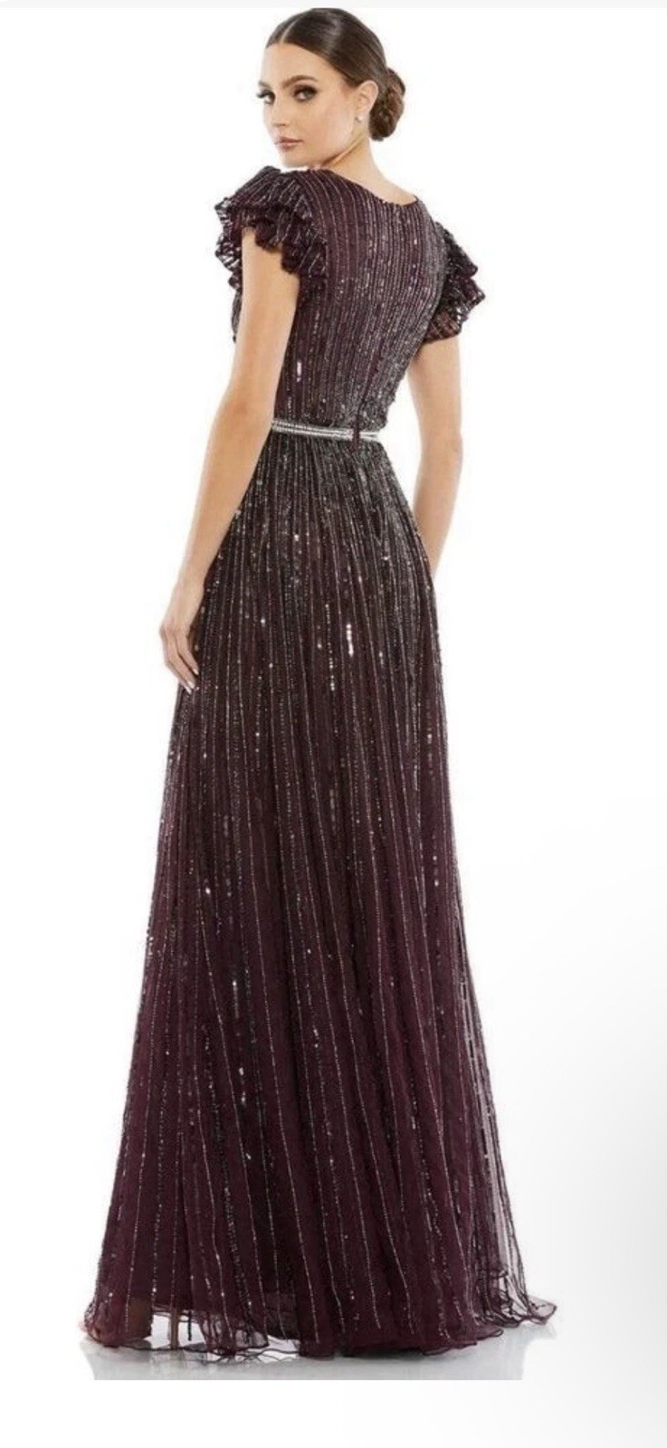 MacDuggal Burgundy Wine Sequin Beaded Flutter Sleeve Evening Gown Dress Sz12 NWT