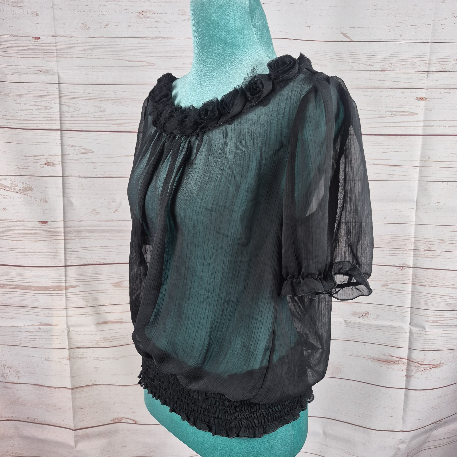 B Wear Womens Black Top Sheer Blouse Sz XL Whimsigoth Witchy Rosebud Neck Detail