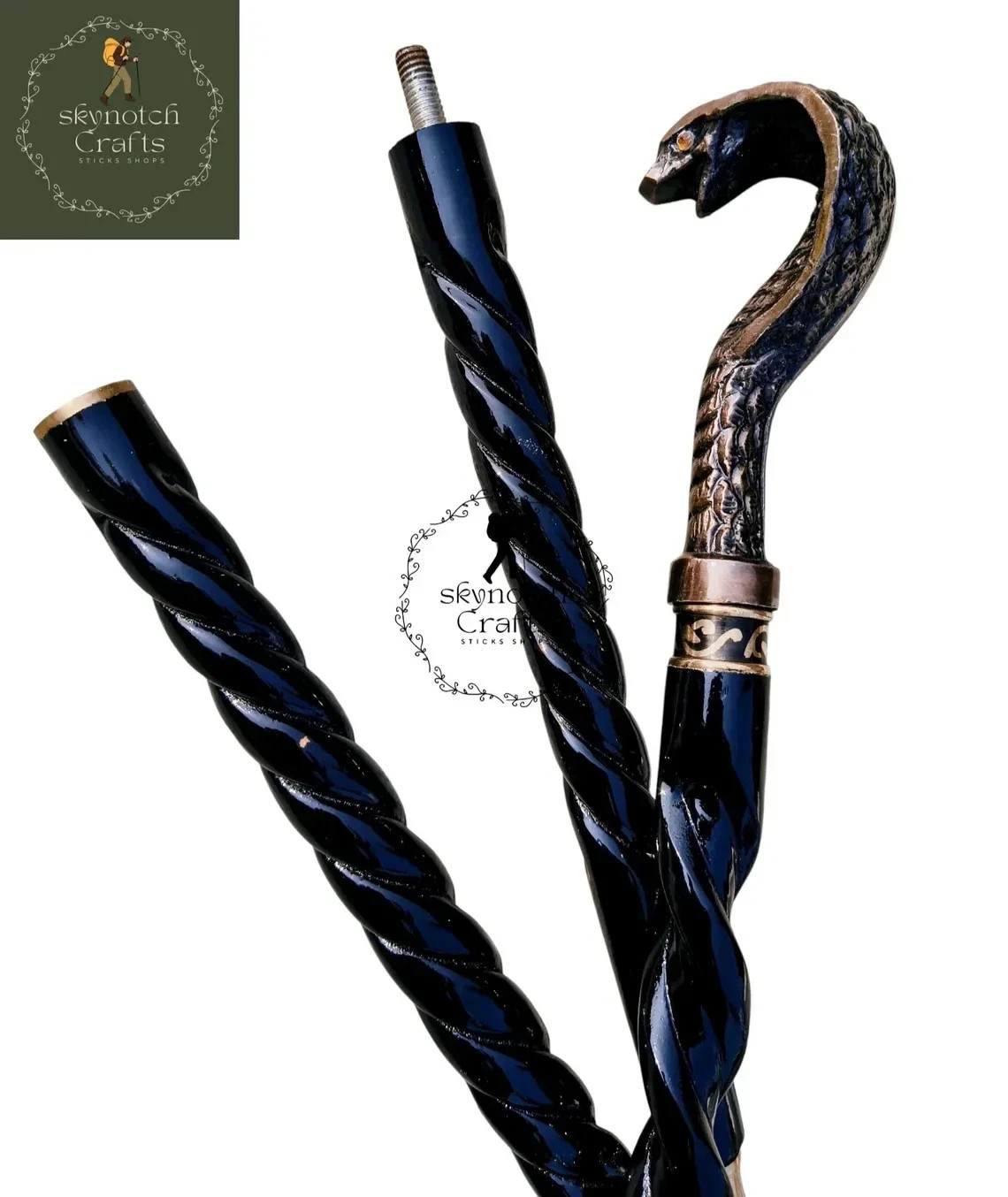 Antique Brass Cobra Handle Walking Stick – Spiral Victorian Wooden Cane Gift