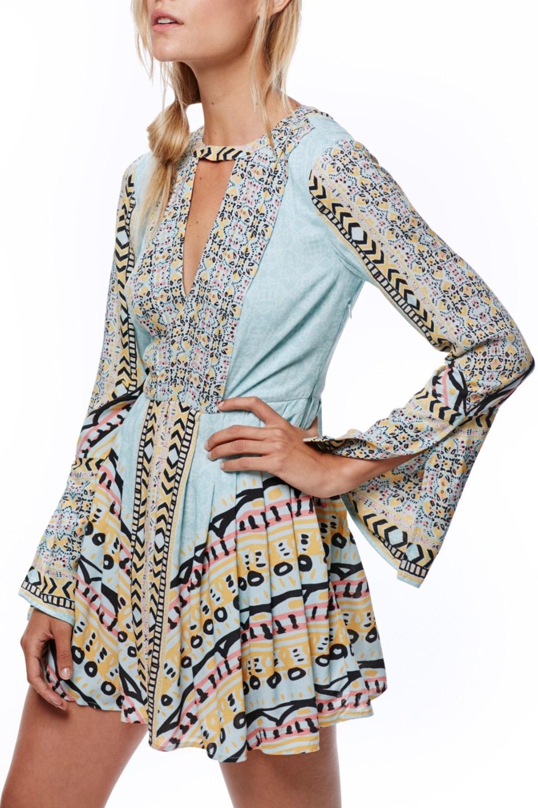 Free People New Women’s Tegan Border Printed Mini Dress V-Neck Rayon Blue