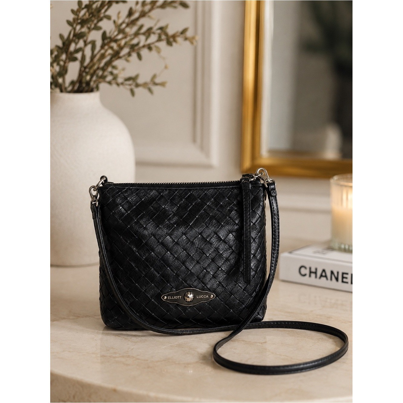 Elliott Lucca Black Woven Leather Crossbody Bag Small Zip Top Purse Handbag