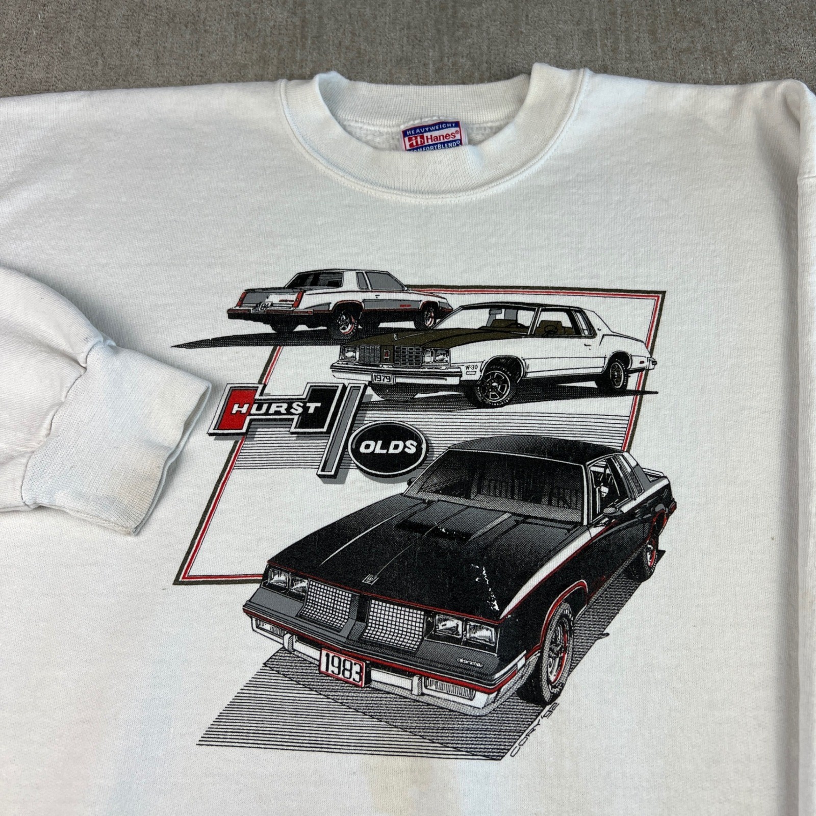 Vintage 90s Hurst Oldsmobile 1983 Graphic Sweatshirt Men’s Large White Cars VTG