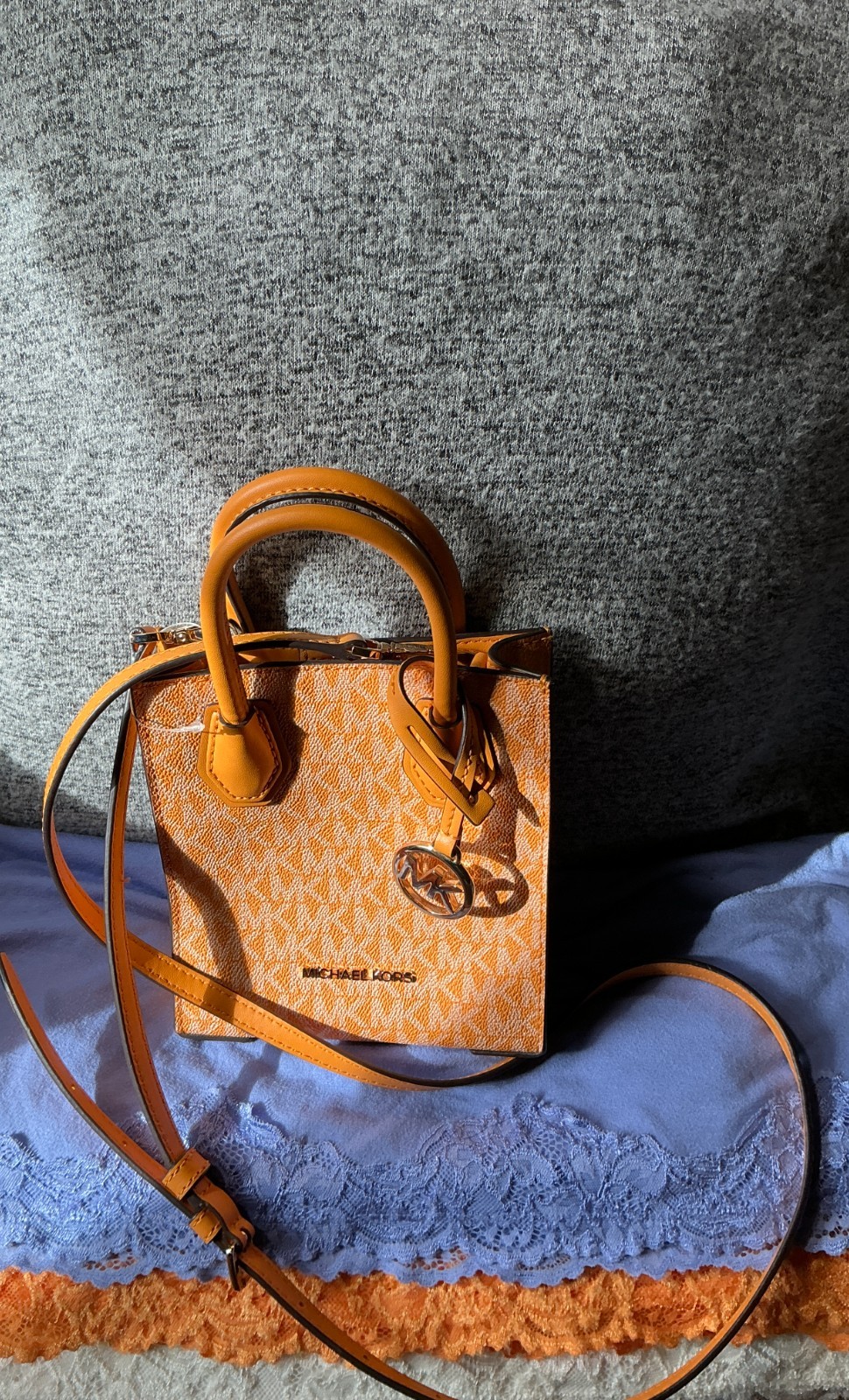Michael Kors Orange Multi SIG Mini Coated Canvas Leather CC SnapCrossbodySatchel