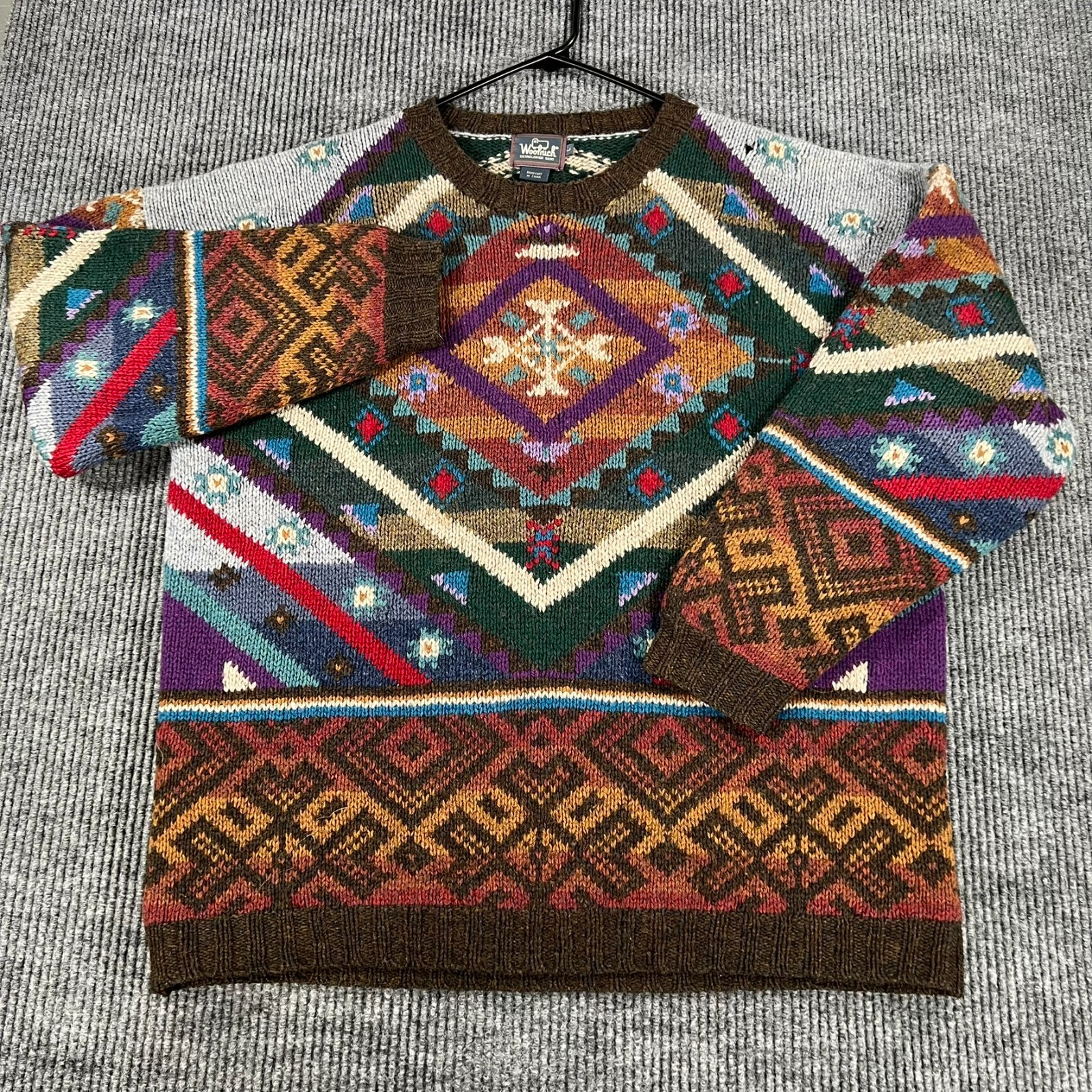 Woolrich Sweater Mens Large Geometric Long Sleeve Crew Handknit Casual Vintage