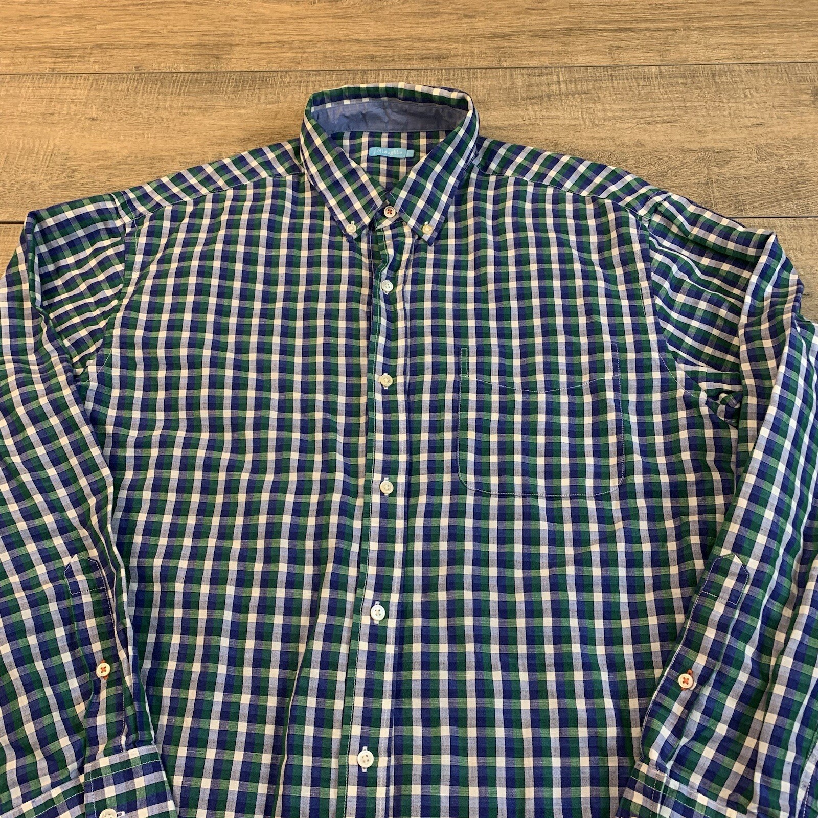 J McLaughlin Mens Long Sleeve Button Up Shirt Size Large 52% Linen Check B16