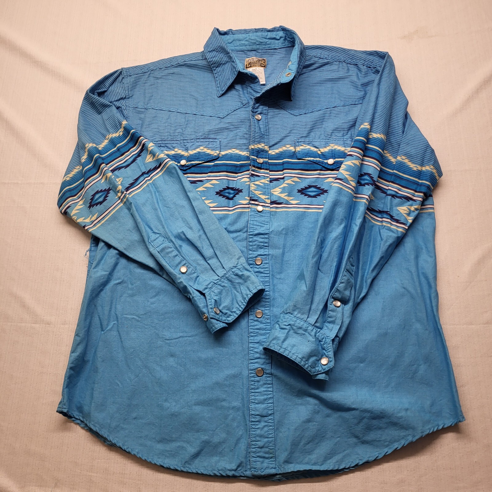 VTG Express Rider Pearl Snap Shirt Mens Large Blue Aztec 90s Western USA Cowboy