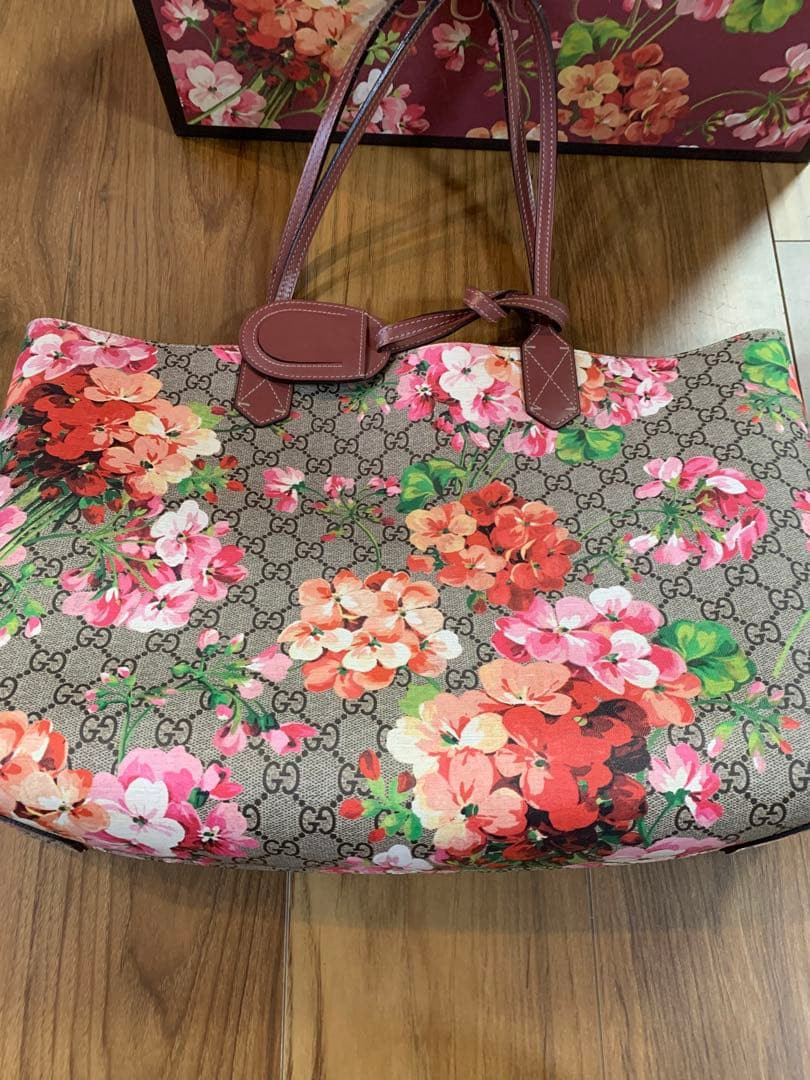 GUCCI GG Blooms Supreme Tote Bag Shoulder Bag Floral PVC Leather Reversible F/S