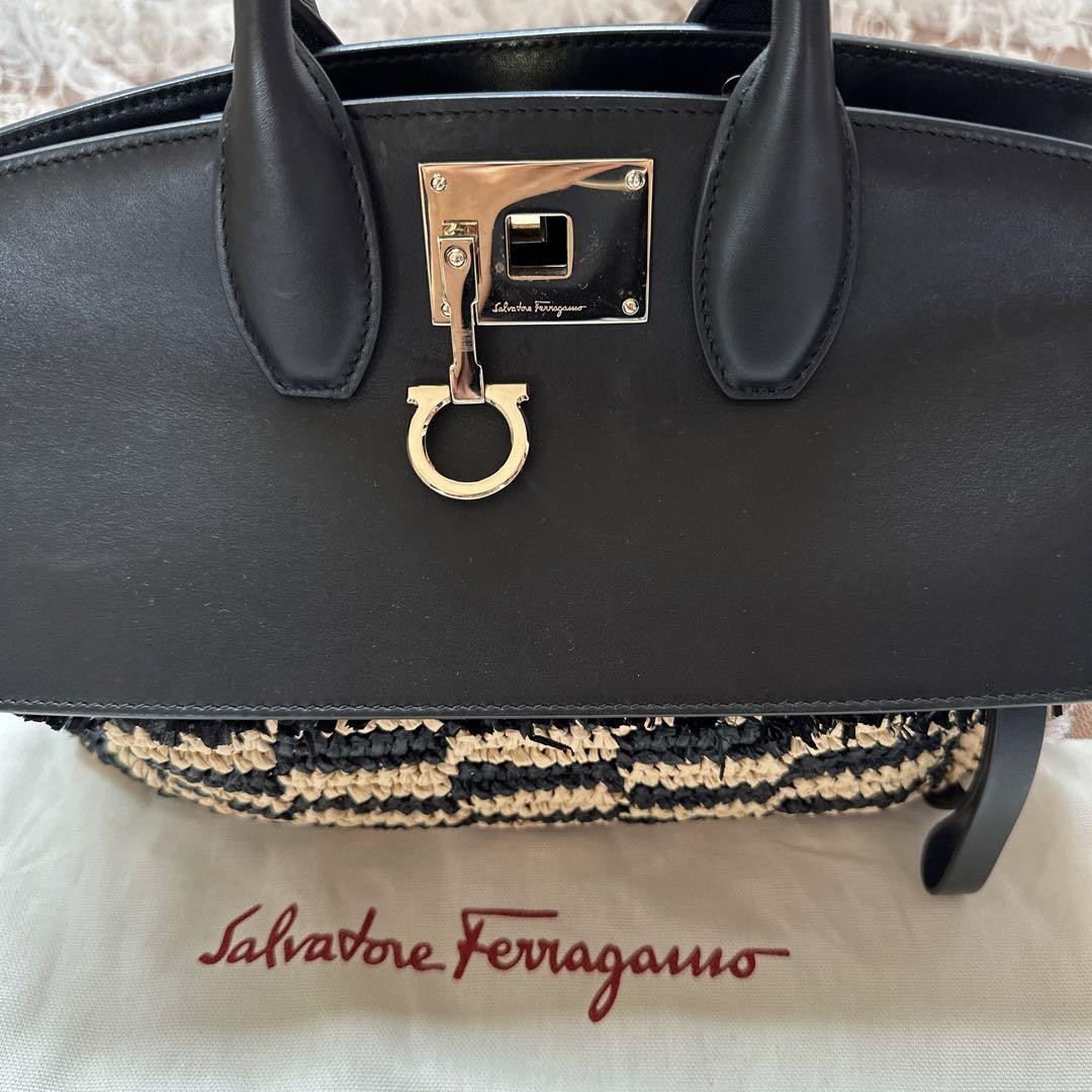 Ferragamo Studio Bag Raffia Leather 2Way Black 29cm 11.4in Wide Minor Flaw