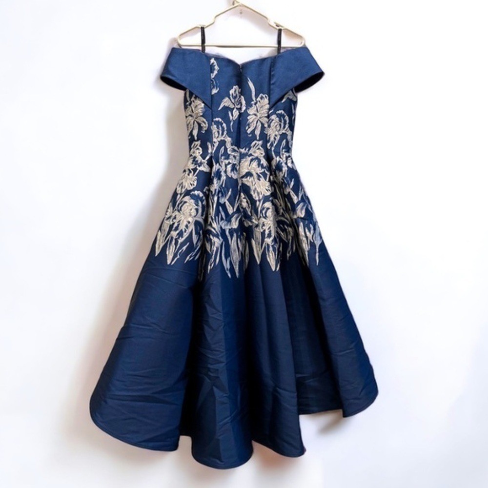 Frascara Navy Blue Silk Blend Floral Jacquard High-Low Off-Shoulder Dress