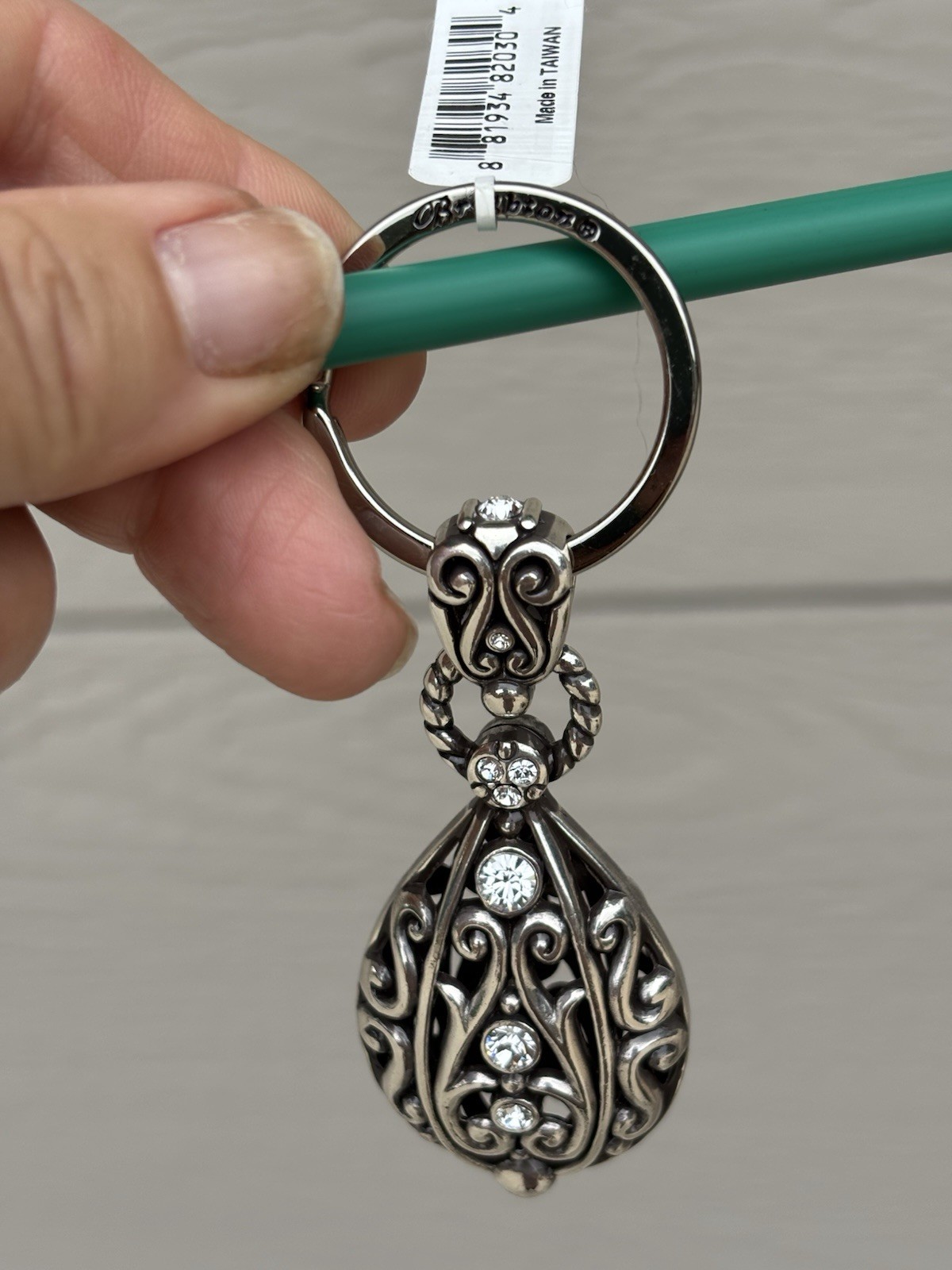 Brighton Silver Tone Metal Teardrop Scroll Key Chain w/ Rhinestone Accents