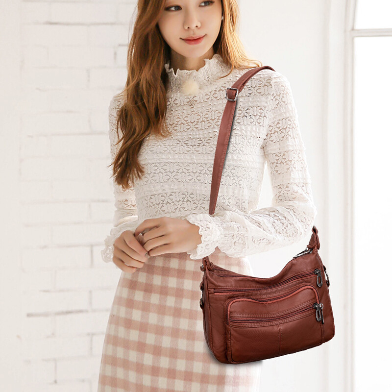 Women’s Leather Organizer Purse Shoulder Bag Multiple Pockets Cross Body Handbag