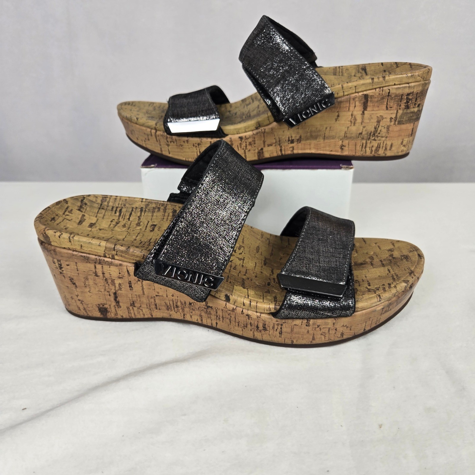 Vionic Pepper Foil Black Metallic Cork Wedge Platform Slide Sandals Womens 8