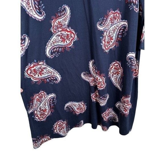 Navy Blue Paisley Long Sleeve Crew Neck Shift Dress Red White Print