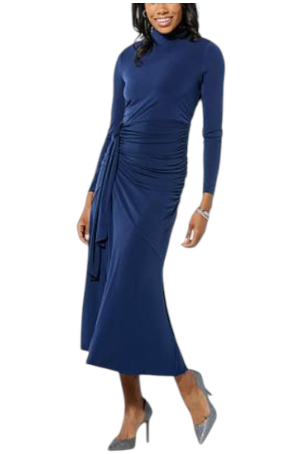 Colleen Lopez Women’s Ruched Mock Neck Dress Navy