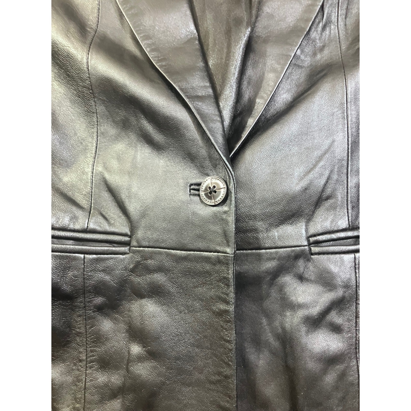Denim & Co Womens Black 100% Leather Blazer Jacket Medium Single Button Coat