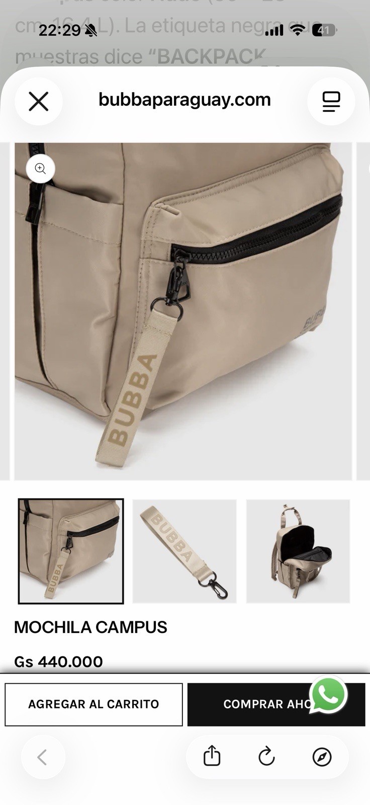 Bubba Essentials Beige Campus Backpack, Waterproof Zip, Bag Charm, Black HW