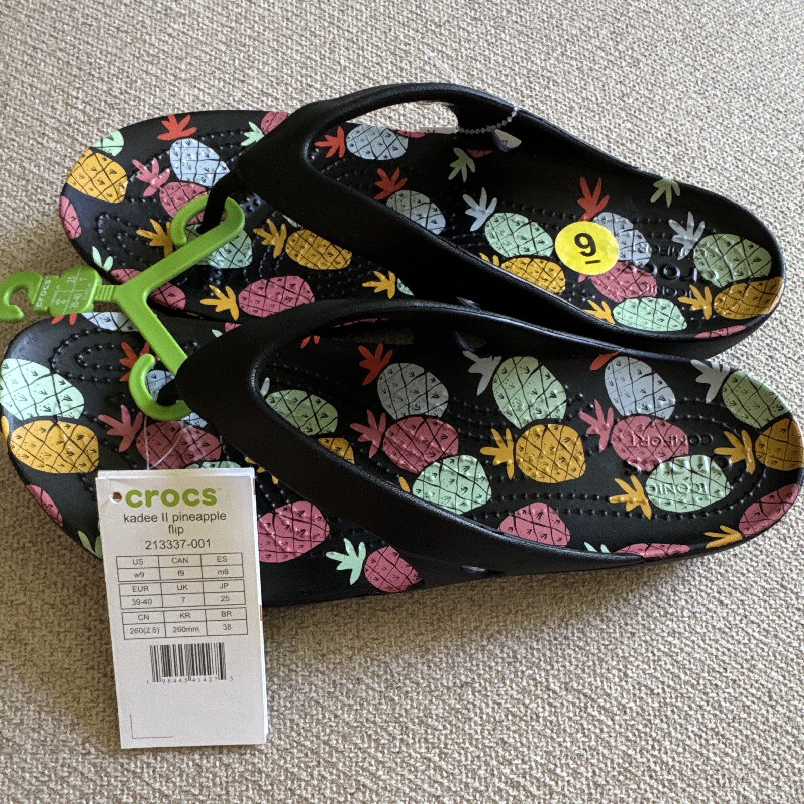 Crocs Women’s Kadee Flip Flop Sandals Pineapple Print Black/Multicolor US 9