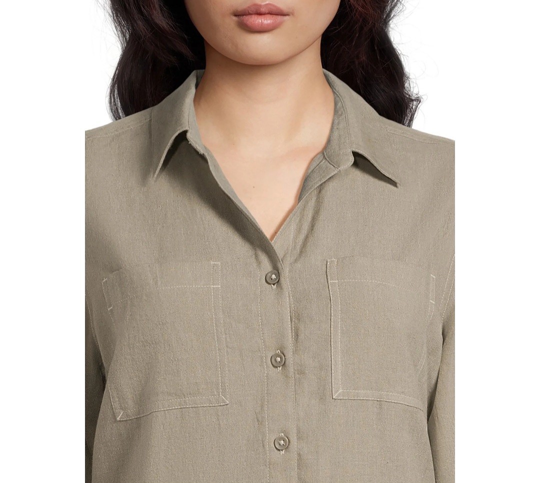 Beach Lunch Lounge Utility Dress Roll Tab Sleeve Pockets Tan Linen Blend, XS