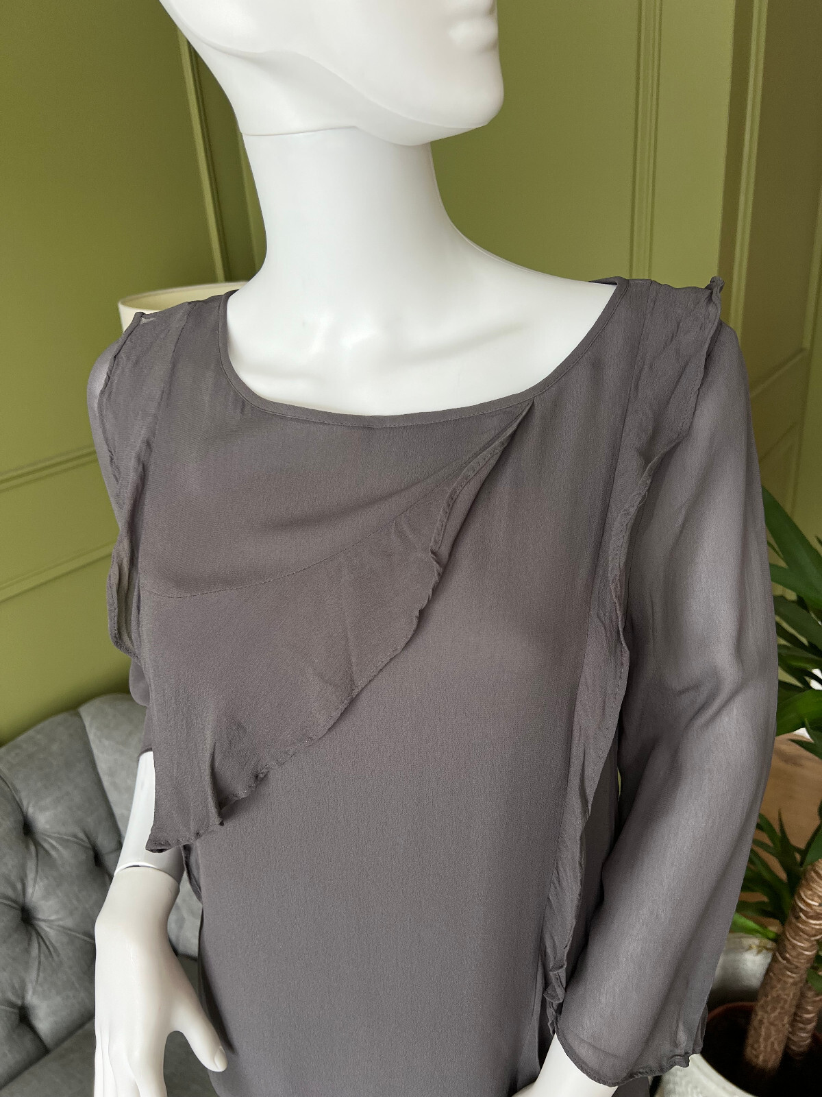 Mint Velvet Top Blouse Ash Grey Chiffon Frill detail lined top UK 10