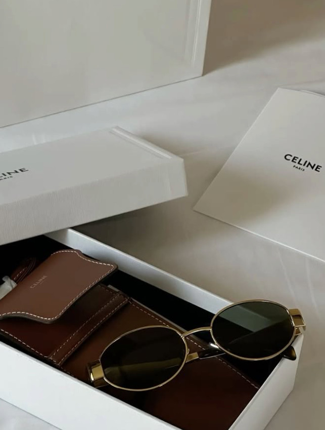 CELINE CL40235U Retro Oval Metal Sunglasses Gold Triomphe Logo 54‑18‑140
