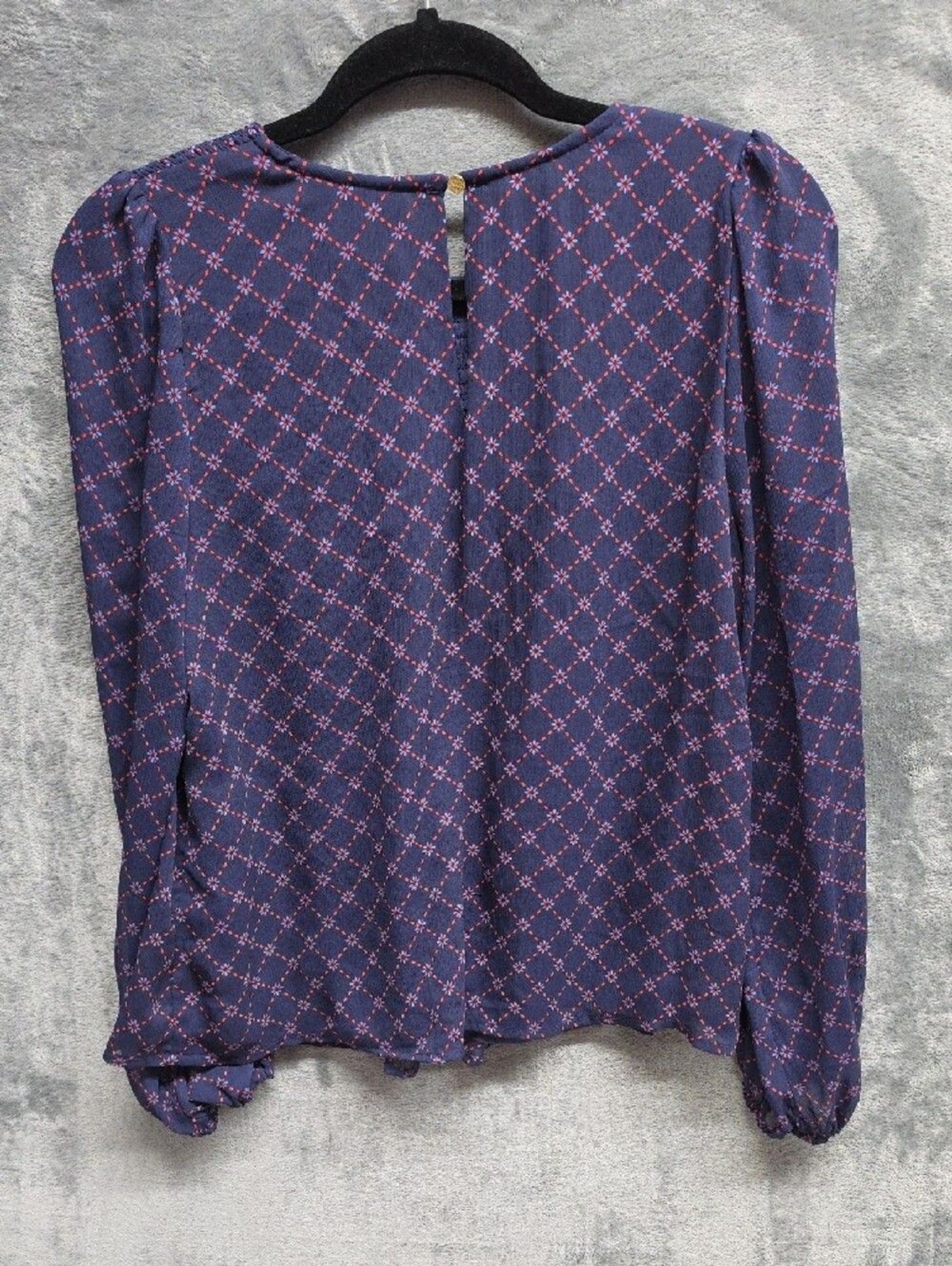 Draper James Navy Smocked Yoke Blouse with Pink Geometric Print