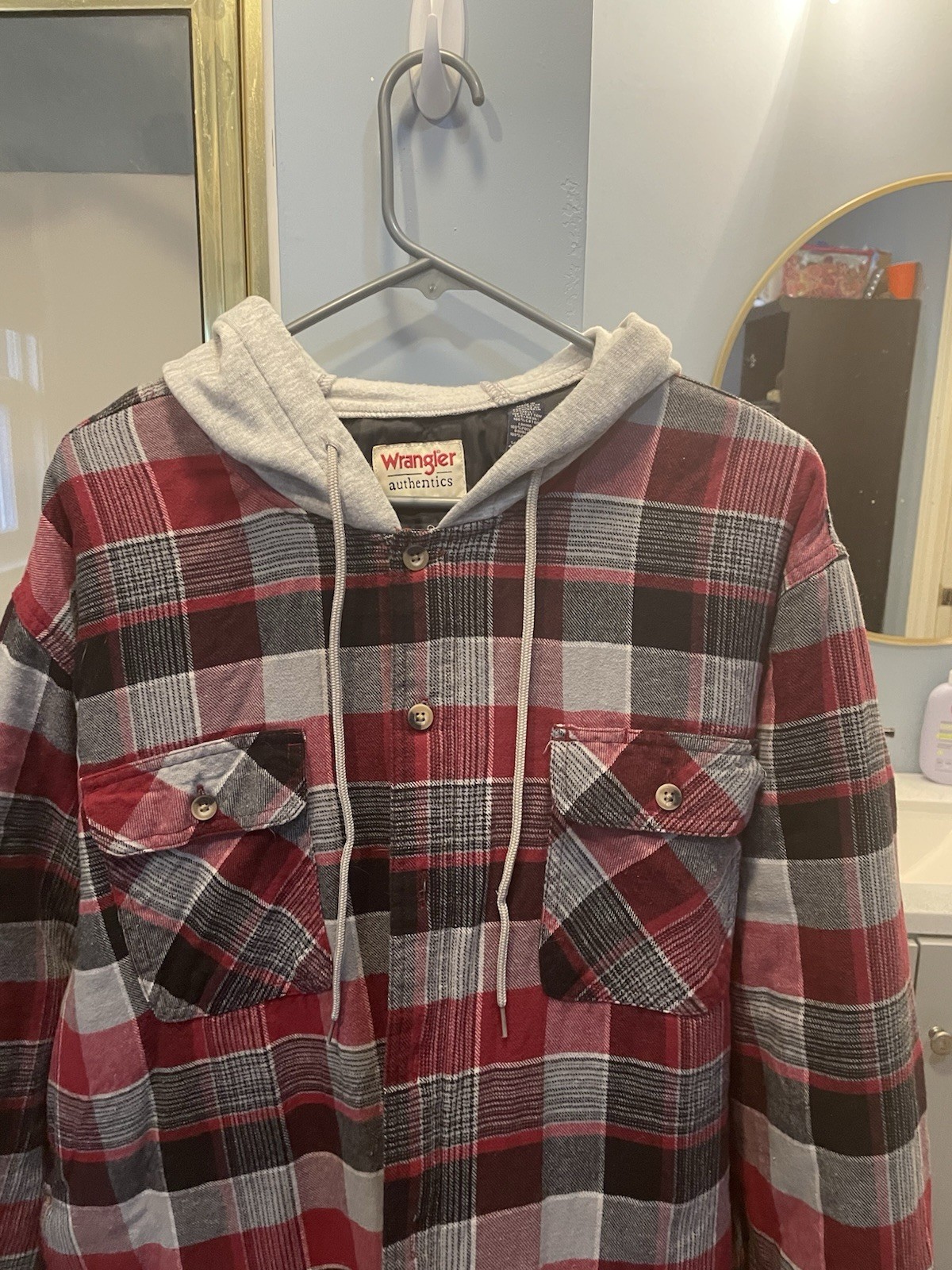 Wrangler Men’s Plaid Hooded Quilted Lined Button Jacket Pockets Red XL