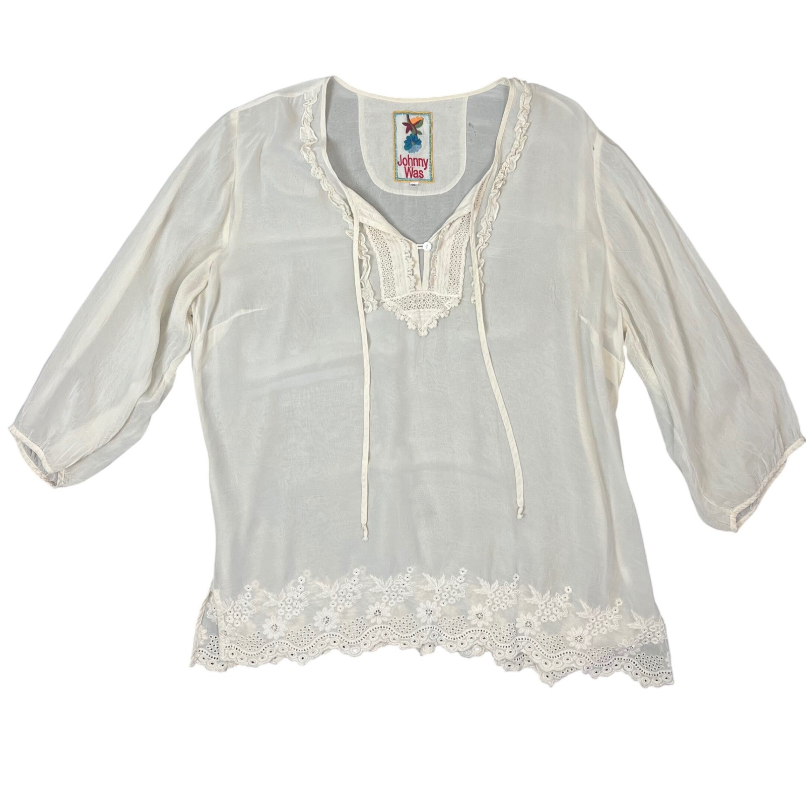 Johnny Was Ivory Eyelet Embroidered Lace Trim Boho Peasant Blouse XL Off White