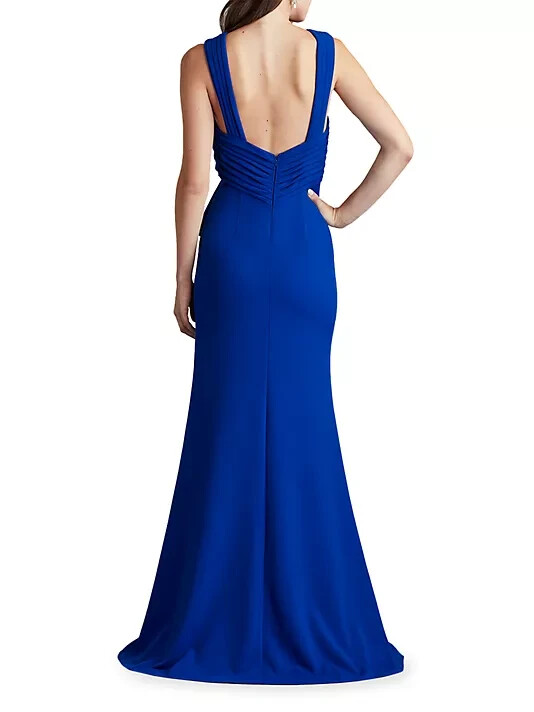 Tadashi Shoji Mystic Blue Crossneck Side Ruffle Gown Size Small $418