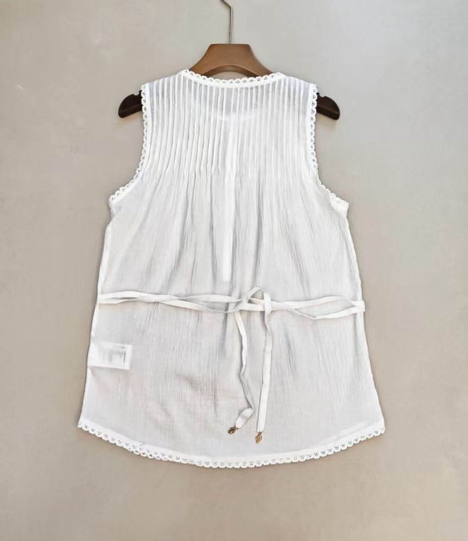 Doen Breathable Strap Waist Lace Edge Sleeveless Top+Mesh Splicing Half Skirt