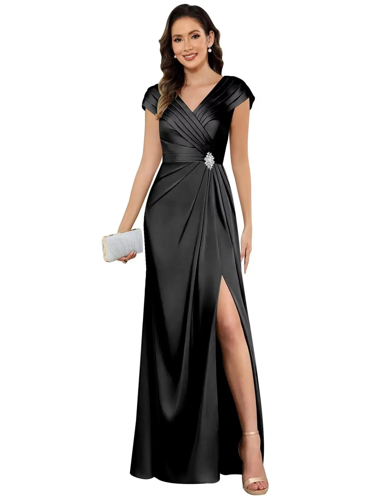 Customized Satin Mother of The Bride Dresses with Slit VNeck Beaded Formal Dress