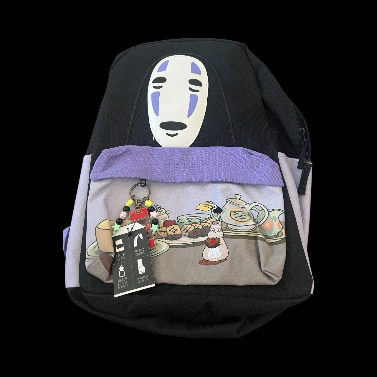 Studio Ghibli® Spirited Away No-Face Backpack Featuring Food Art Black Purple