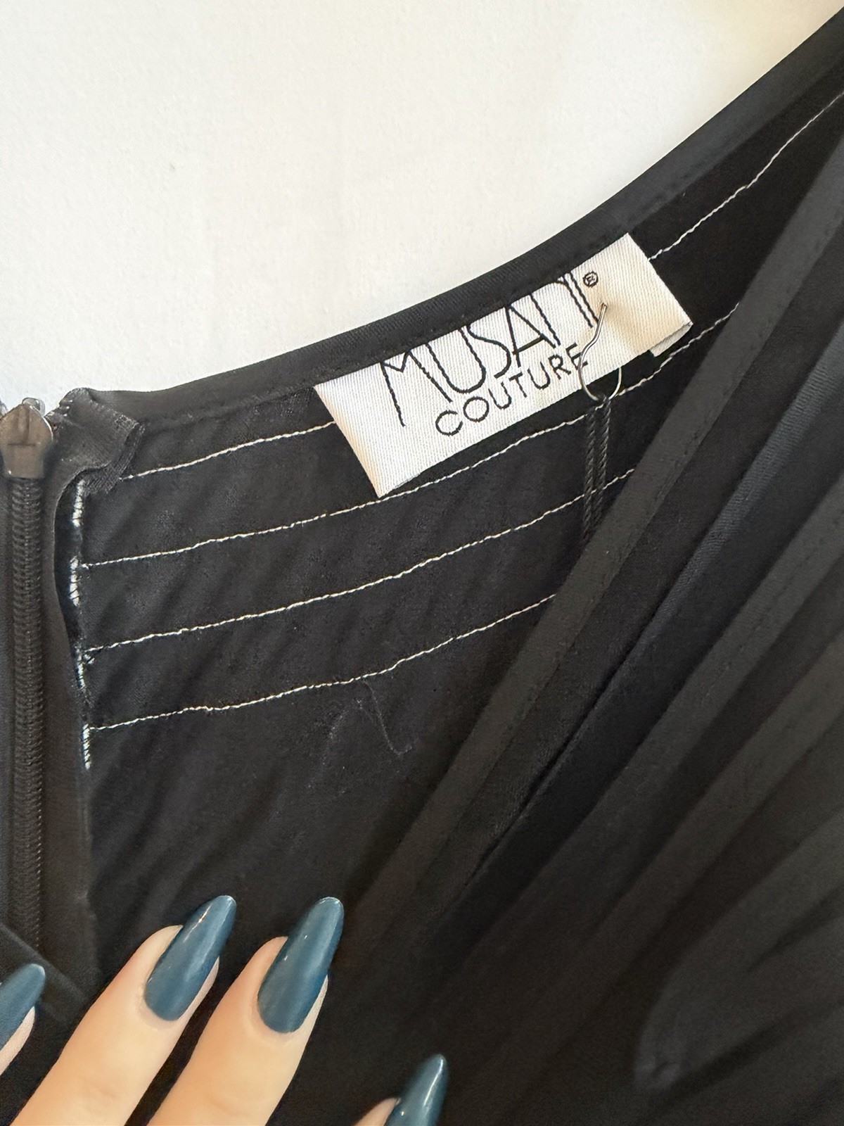 Musani Couture Black/White Striped Pleated V-Neck Sheath Dress, Size 8