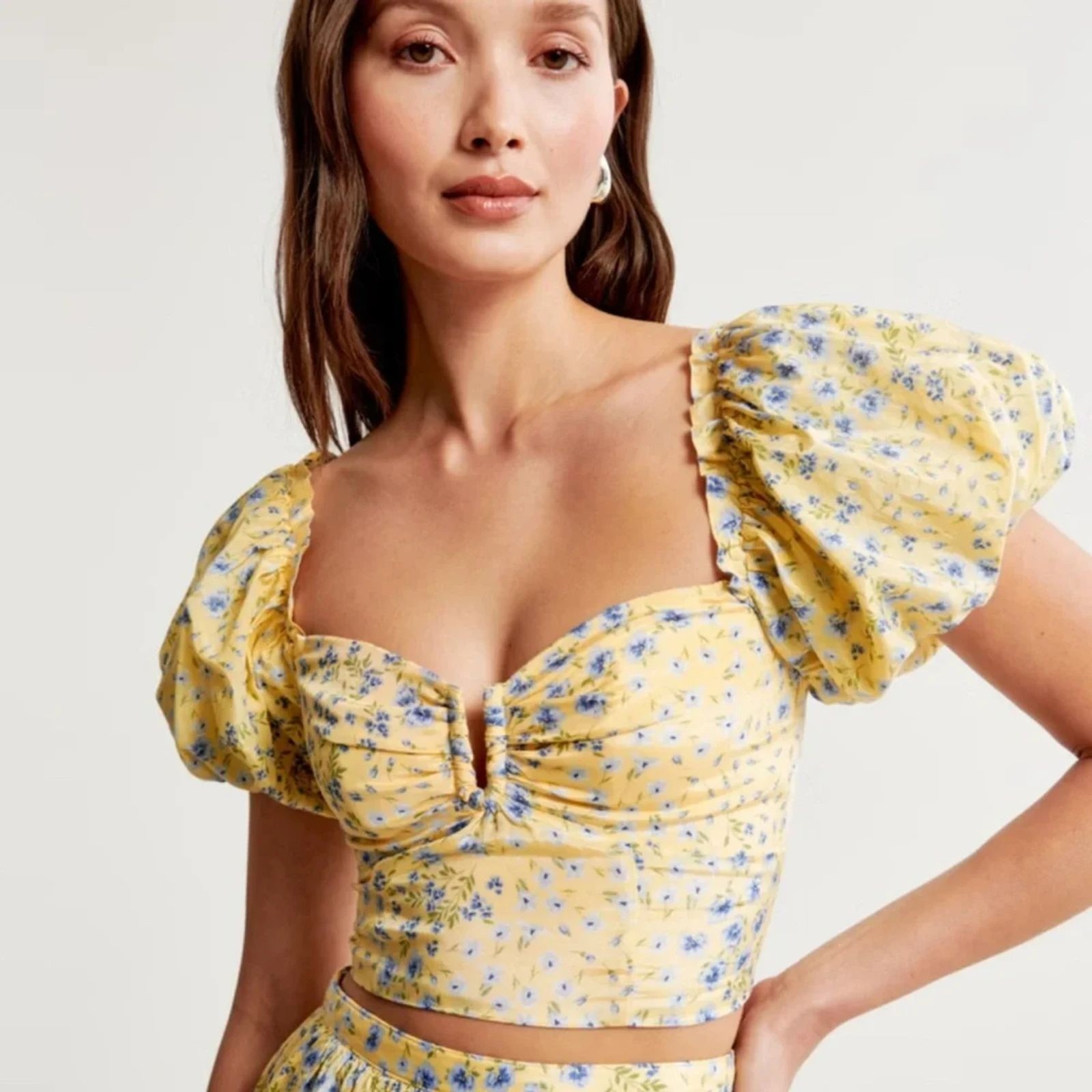 Abercrombie & Fitch Floral Puff Sleeve Crop Top XS Yellow Blue NWT Cottagecore