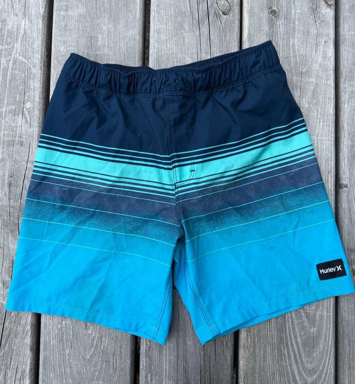 Hurley Boys Blue/Navy Striped Board Shorts 10-12 Polyester Elastane Back Pocket