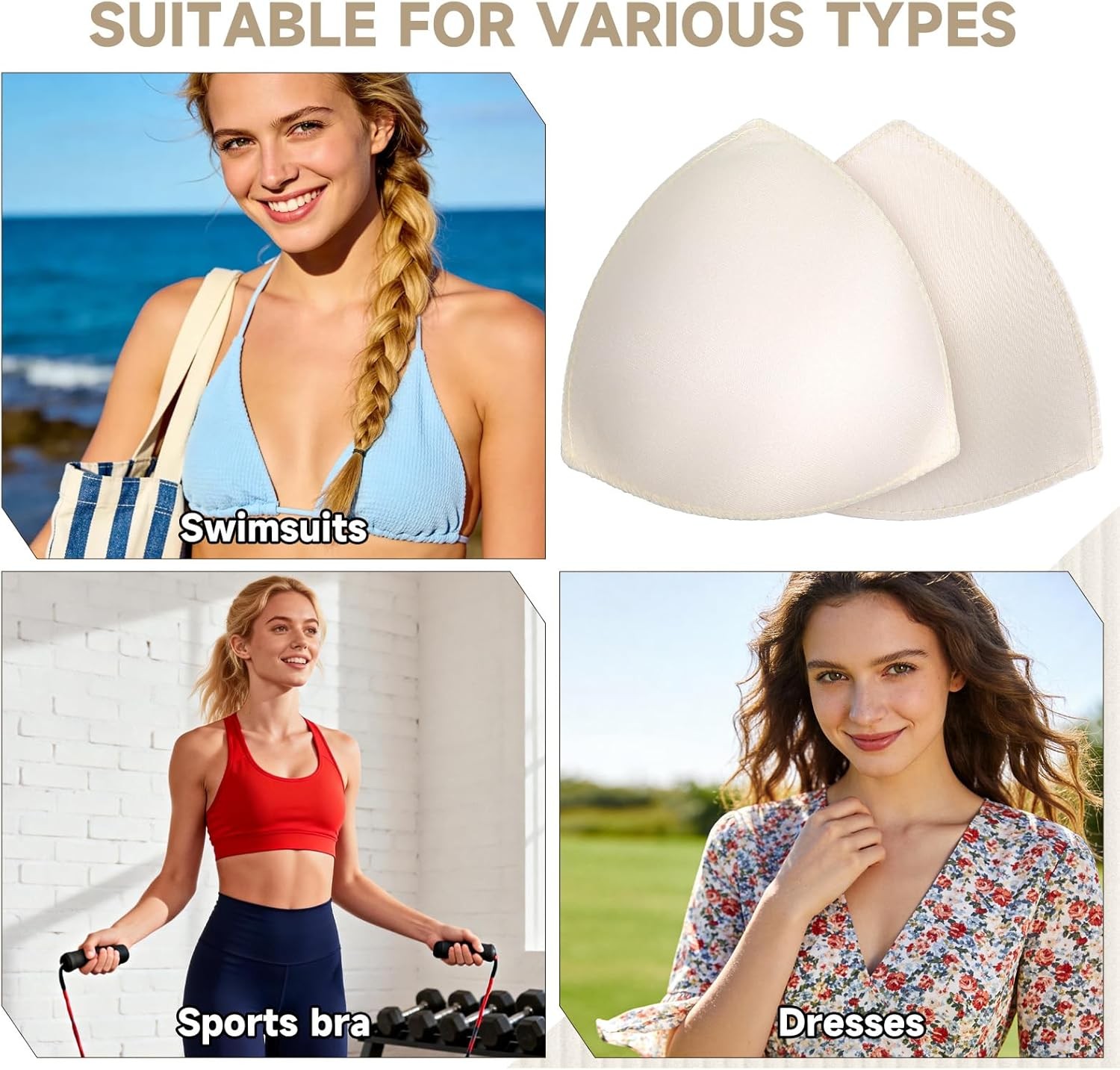 3 Pairs Replacement Bra Pads Insert Breathable Sewn Edge for Sports Bra Swimwear
