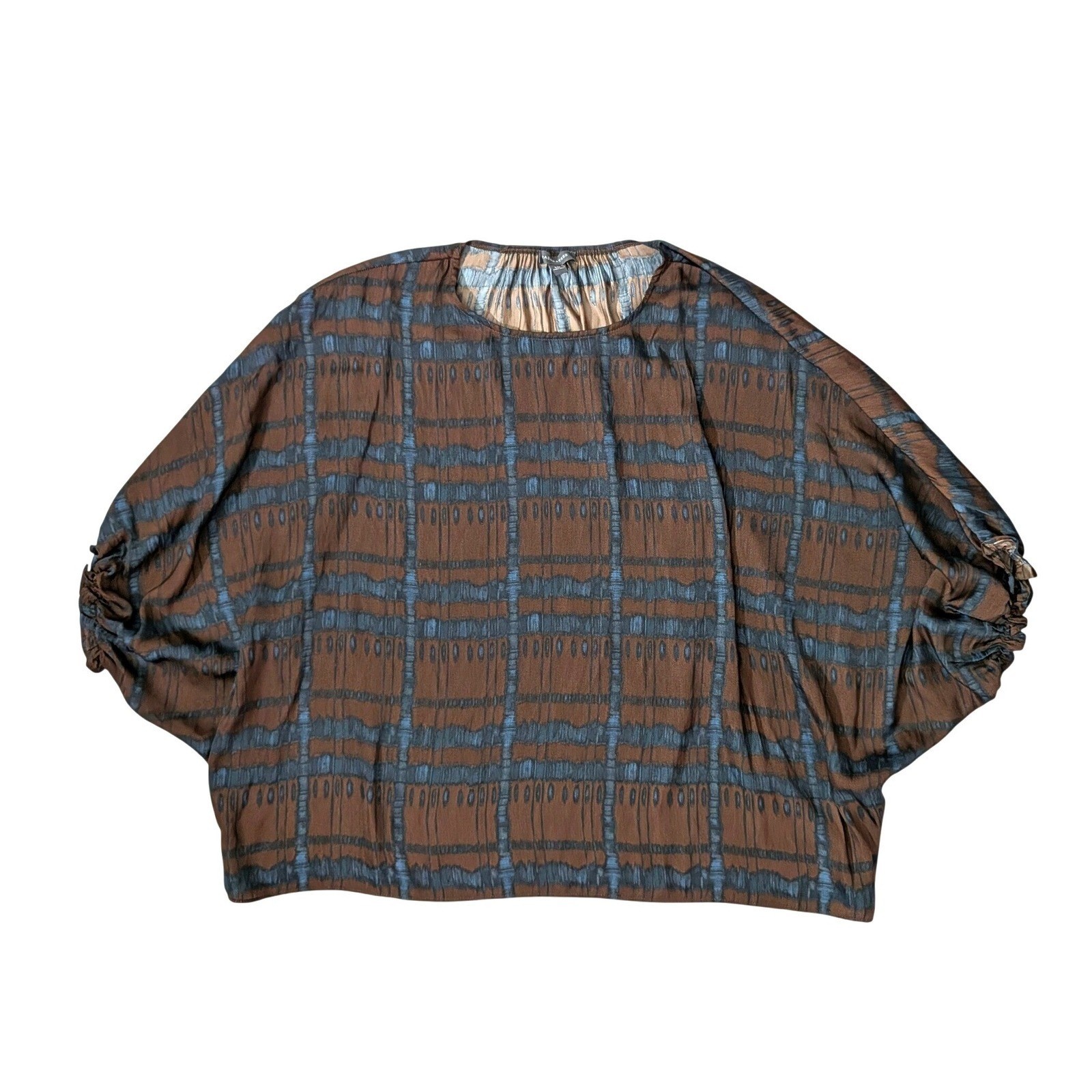 Grade & Gather Blouse Ikat Batwing Dolman Sleeve Brown Blue Plaid Boho Top S/M