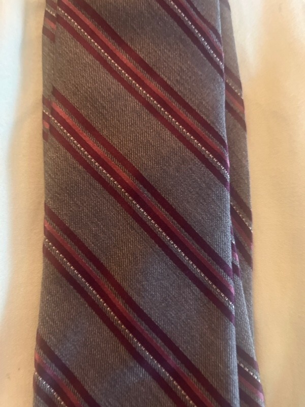 Michael Kors Silk Tie Grey, Burgundy, Dark Maroon & White Dots Stripe 3.25 X 59