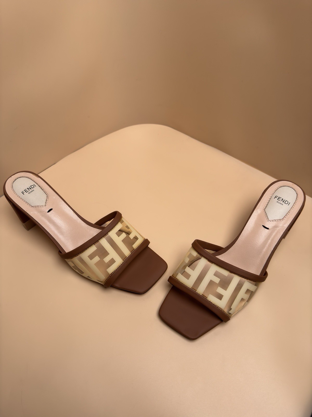 Fendi FF Logo Slide Sandals Mules EU 39 Brown Block Heel Made in Italy