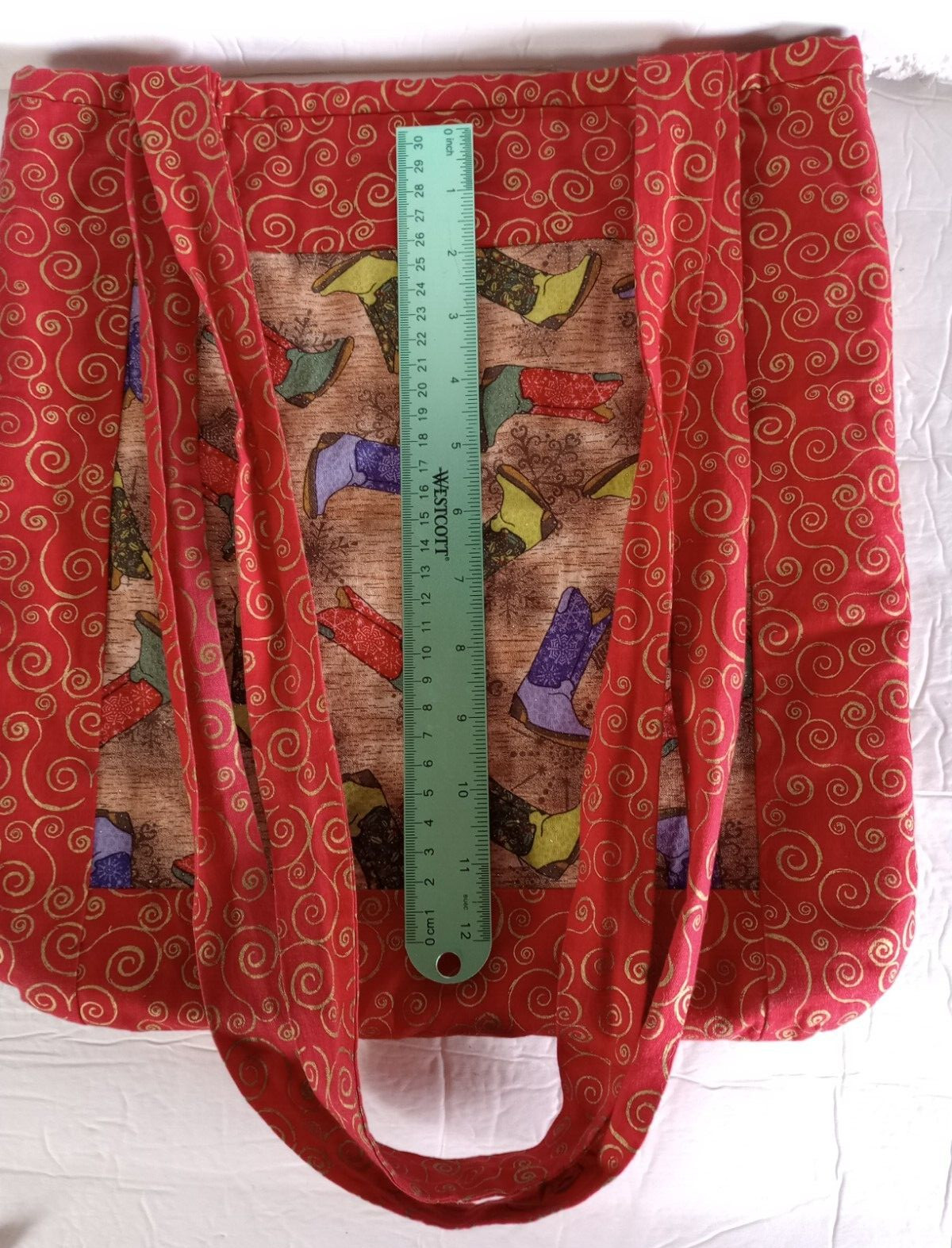 Handmade Cloth Re-Usable Shopping Tote Bag Cowboy Boot Print Colorful Red Sparkl