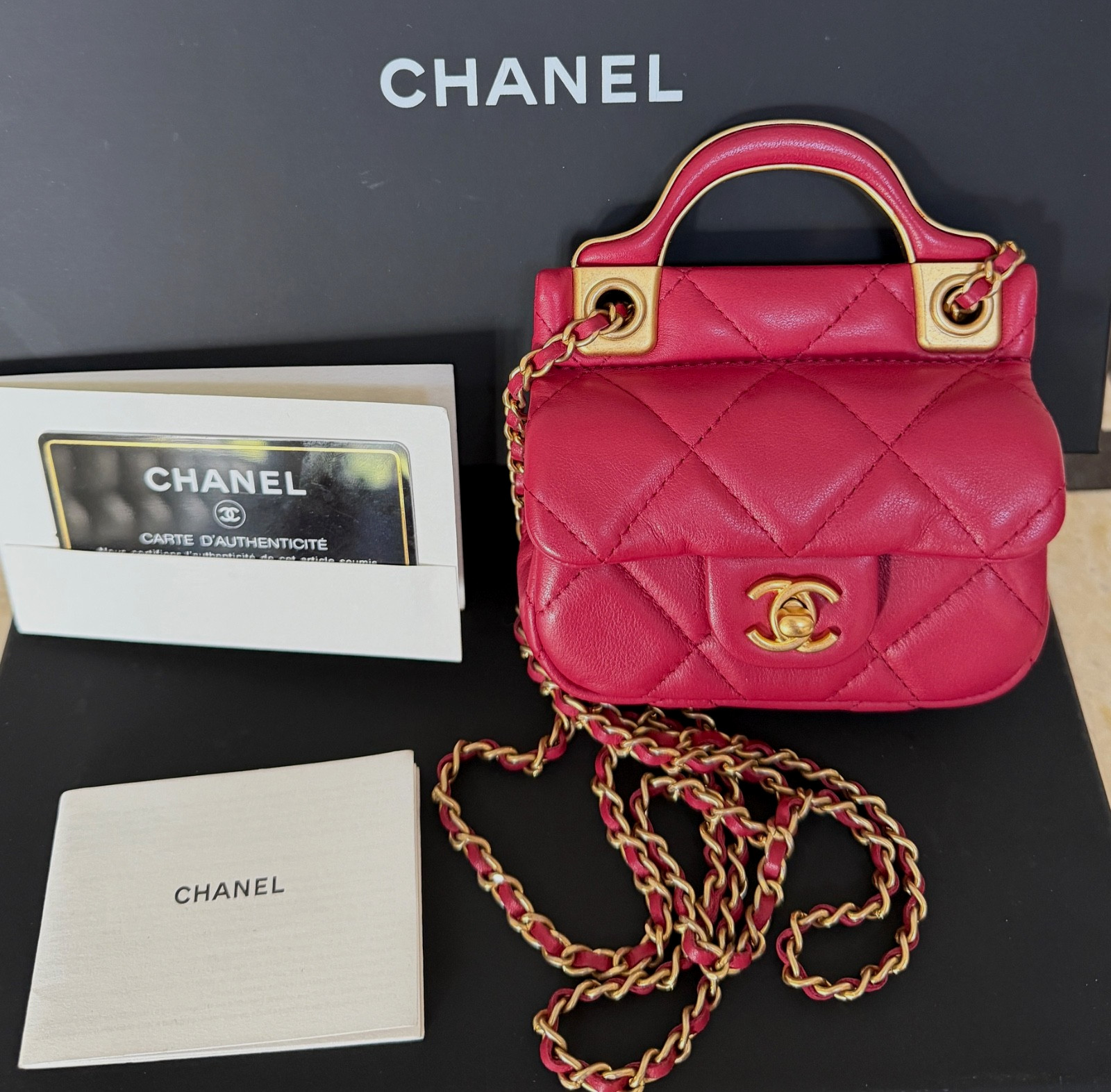 CHANEL FLAP CARD HOLDER WITH CHAIN PINK QUILTED CALFSKIN GOLD HARDWARE, 2021