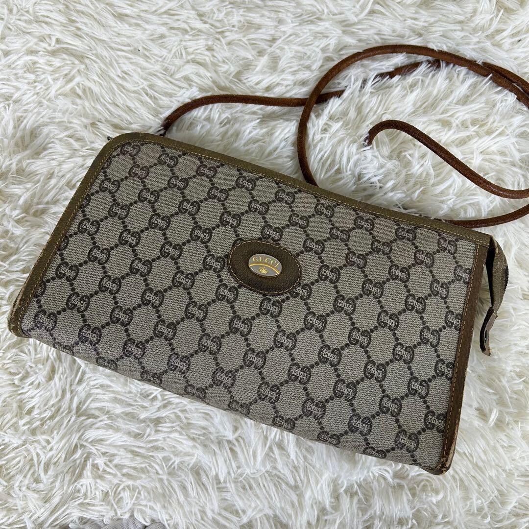 GUCCI Vintage GG Supreme PVC Shoulder Bag Beige Brown Gold Hardware Auth
