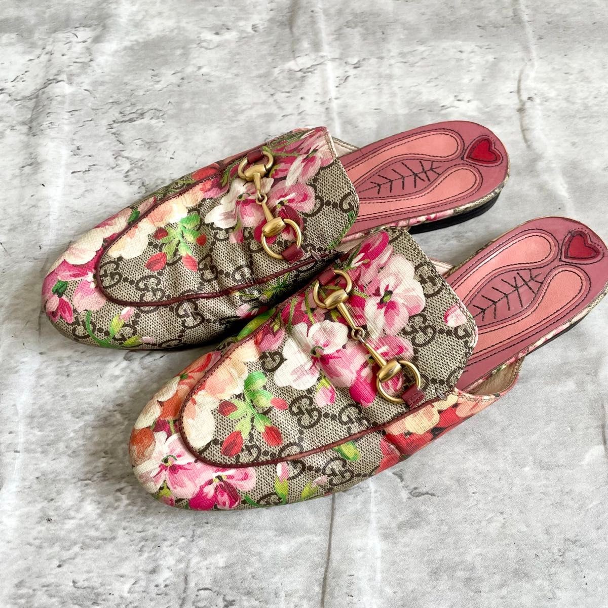 GUCCI GG Blooms Mules Sandals Pink Flower Horsebit Size EU 38 / US 8 Used