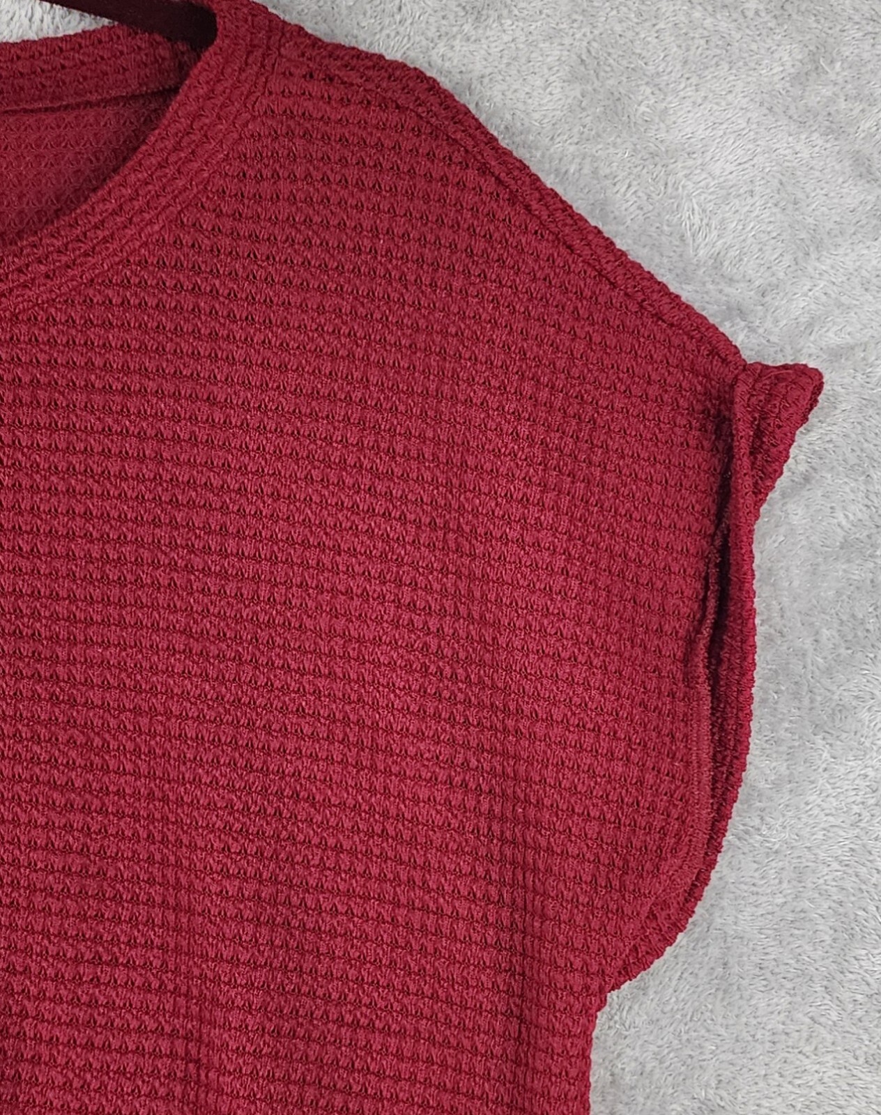 Womens Shirt Large Maroon Knit Cross Wrap Hem Batwing Short Sleeve Casual Top