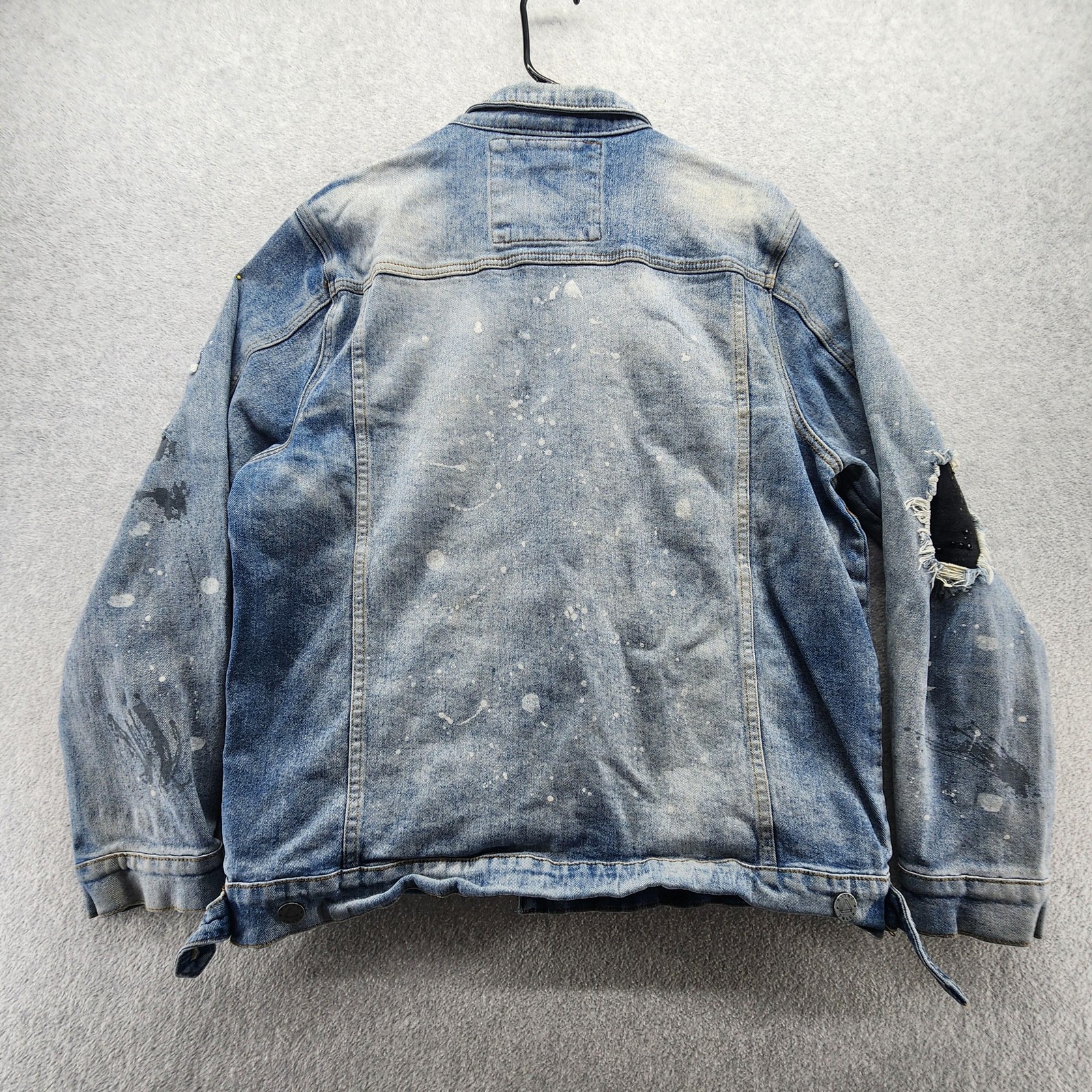 RSTNE Jacket Mens Large Blue Denim Distressed Paint Splatter Ripped Studded