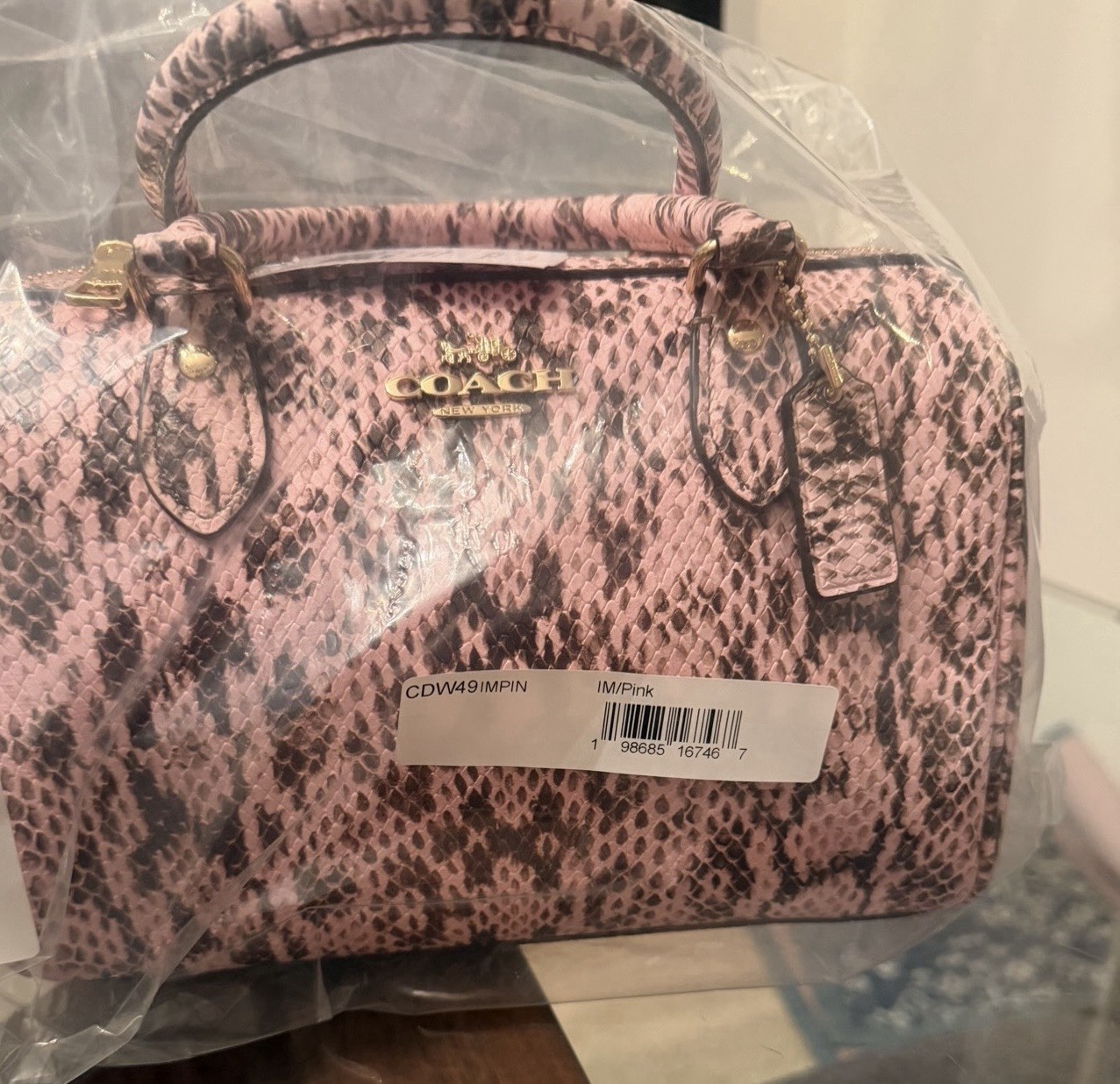 Coach Pink Snake Animal Print Medium Satchel Top Handle Zip Gold w/ Hang Tag