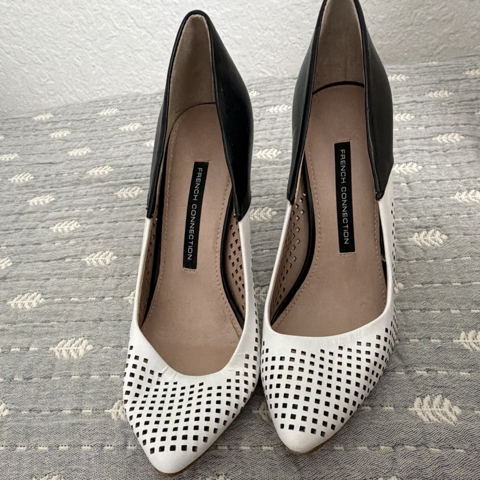 French Connection White/Black Pointed Toe Perforated Leather Slip On Pumps 7.5