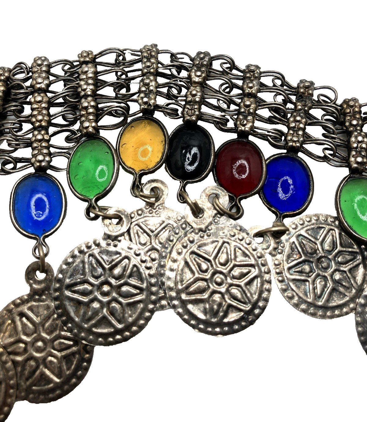 Vintage Silver-Toned Belly Dancer Belt with Multi-Color Cabochons 37″-41″