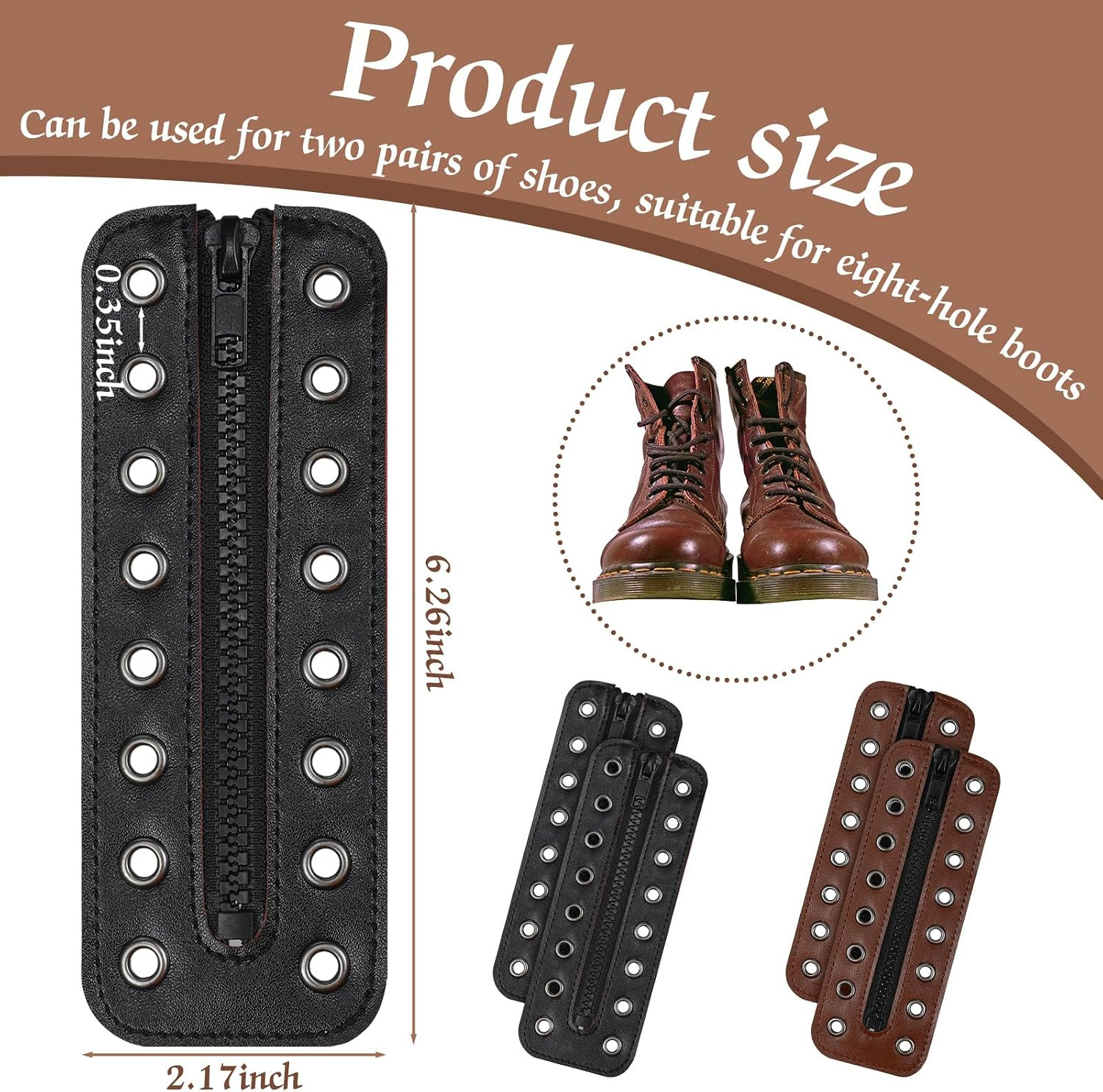 4 Pcs PU Leather Boot Zipper Inserts – Tieless Lace up Zipper Laces 8 Eyelet