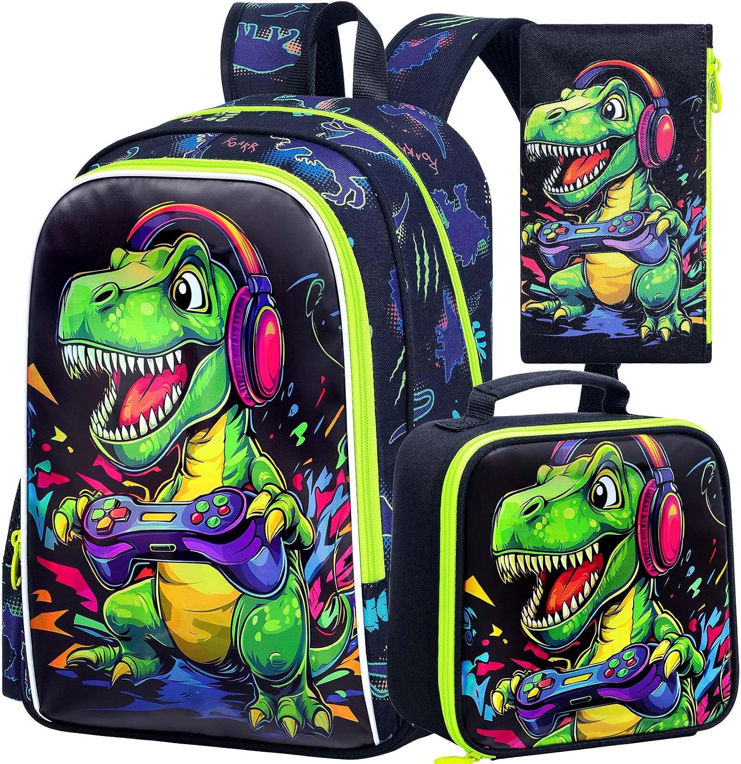 3PCS Boys Dinosaur Play Game Backpack Set, Water Resistant 16″ Kids Preschool Bo