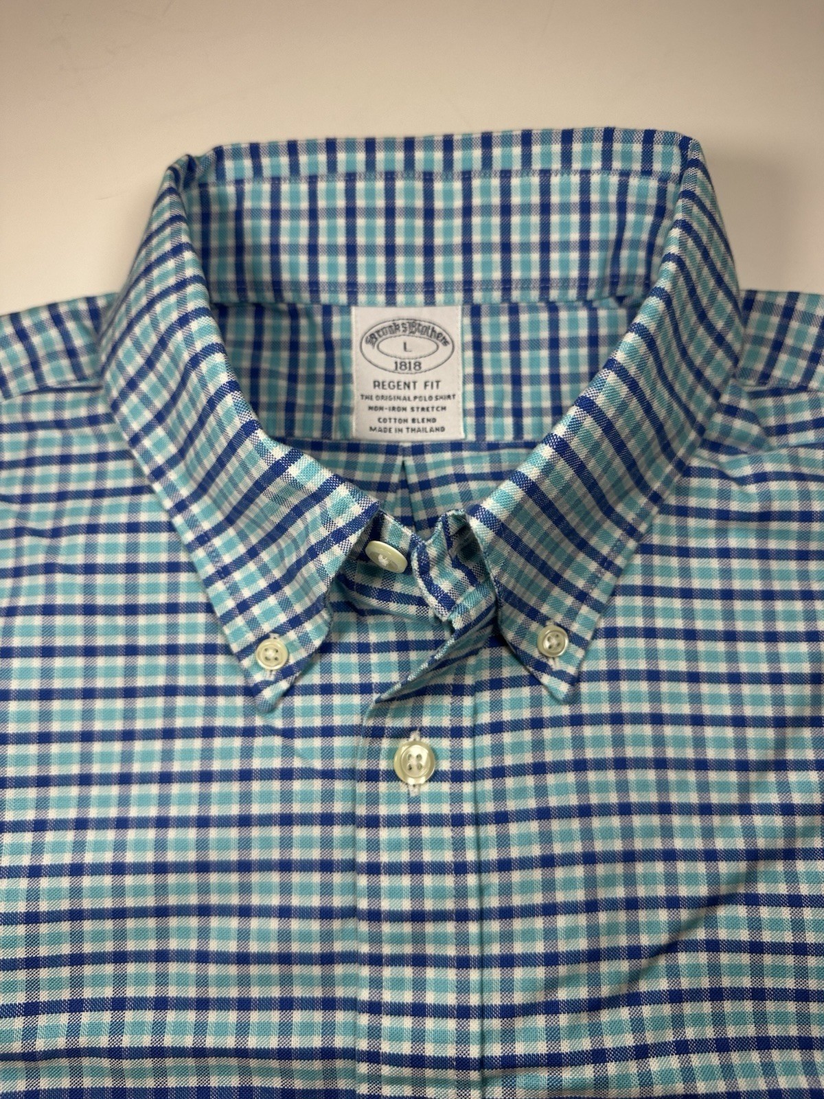 BROOKS BROTHERS Regent Fit Blue Aqua Plaid Non-Iron Stretch Shirt L Cotton